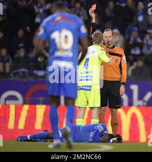 Gent's Sigurd Rosted receives a yellow card from referee Wim Smet during the soccer match between KRC Genk and KAA Gent, Wednesday 26 December 2018 in Genk, on the 21st day of the 'Jupiler Pro League' Belgian soccer championship season 2018-2019. BELGA PHOTO YORICK JANSENS Stock Photo