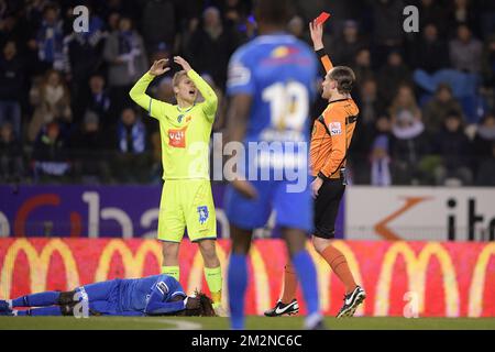 Gent's Sigurd Rosted receives a yellow card from referee Wim Smet during the soccer match between KRC Genk and KAA Gent, Wednesday 26 December 2018 in Genk, on the 21st day of the 'Jupiler Pro League' Belgian soccer championship season 2018-2019. BELGA PHOTO YORICK JANSENS Stock Photo