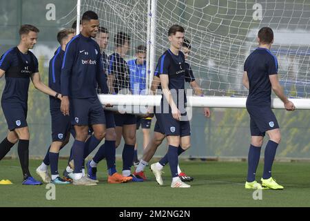 Les joueurs de Genk photographiés pendant la deuxième journée d'entraînement au camp d'entraînement d'hiver de l'équipe belge de football de première division KRC Racing Genk, à Benidorm, Espagne, le lundi 07 janvier 2019. BELGA PHOTO YORICK JANSENS Banque D'Images