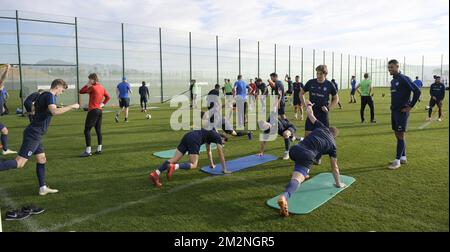 Les joueurs de Genk photographiés pendant la deuxième journée d'entraînement au camp d'entraînement d'hiver de l'équipe belge de football de première division KRC Racing Genk, à Benidorm, Espagne, le lundi 07 janvier 2019. BELGA PHOTO YORICK JANSENS Banque D'Images