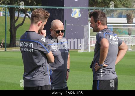 Devy Rigaux, le directeur du club, Bart Verhaeghe, le président du club, et Ivan Leko, l'entraîneur-chef du club Brugge, ont photographié pendant la quatrième journée du camp d'entraînement d'hiver de l'équipe belge de football de première division Club Brugge, au Qatar, le mardi 08 janvier 2019. BELGA PHOTO BRUNO FAHY Banque D'Images