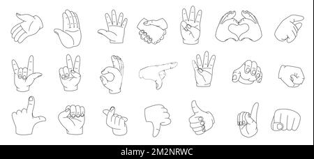 Mouvements linéaires de la main. Les mains de femme différentes poses un style linéaire minimal, contour des silhouettes de palmier simples avec les doigts de pointage délicat toucher. Vecteur Illustration de Vecteur