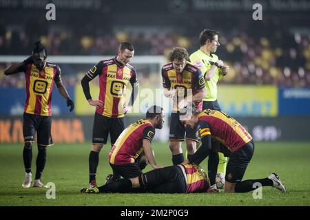 Gustav Engvall de Mechelen est blessé au sol lors d'un match de football entre KV Mechelen et Roeselare, le vendredi 18 janvier 2019 à Mechelen, le 22nd jour de la division Proximus League 1B du championnat belge de football. BELGA PHOTO JASPER JACOBS Banque D'Images