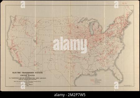 Electric transmission systems of the United States, showing all transmission lines and interconnections above 11,000 volts also all generating stations : based upon data collected by the United States Geological Survey and the Electrical World , Electric power, United States, Maps, Electric power-plants, United States, Maps, Electric power distribution, United States, Maps Norman B. Leventhal Map Center Collection Stock Photo