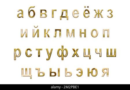 Alphabet cyrillique doré, ensemble de lettres de l'alphabet russe complet, lettres minuscules Banque D'Images