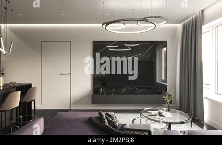 Téléviseur dans le salon moderne. Intérieur moderne et minimaliste. Maquette d'un modèle d'affichage vide. Illustration de rendu 3D de haute qualité Banque D'Images