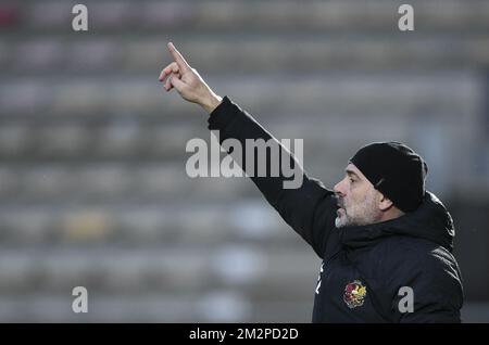 Serge Bracconi, entraîneur de Tubize, réagit lors d'un match de football entre AFC Tubize et Beerschot Wilrijk, le dimanche 03 février 2019 à Tubize, le 24th jour de la division Proximus League 1B du championnat belge de football. BELGA PHOTO JOHN THYS Banque D'Images