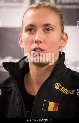 Elise Mertens Belge photographiée après le tirage au sort du programme de jeu pour le quart de finale de la rencontre de tennis de la Fed Cup entre la Belgique et la France, dans le Groupe mondial, vendredi 08 février 2019, à Liège. BELGA PHOTO BENOIT DOPPAGNE Banque D'Images