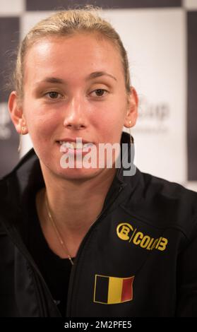 Elise Mertens Belge photographiée après le tirage au sort du programme de jeu pour le quart de finale de la rencontre de tennis de la Fed Cup entre la Belgique et la France, dans le Groupe mondial, vendredi 08 février 2019, à Liège. BELGA PHOTO BENOIT DOPPAGNE Banque D'Images