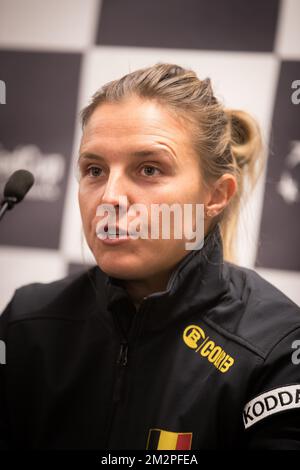 Kirsten Flipkens belge photographié après le tirage au sort du programme de jeu pour le quart de finale de la rencontre de tennis de la Fed Cup entre la Belgique et la France, au Groupe mondial, vendredi 08 février 2019, à Liège. BELGA PHOTO BENOIT DOPPAGNE Banque D'Images