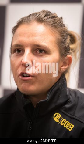 Kirsten Flipkens belge photographié après le tirage au sort du programme de jeu pour le quart de finale de la rencontre de tennis de la Fed Cup entre la Belgique et la France, au Groupe mondial, vendredi 08 février 2019, à Liège. BELGA PHOTO BENOIT DOPPAGNE Banque D'Images