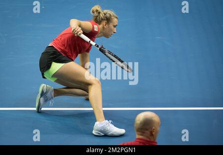 Elise Mertens Belge photographié après un match de tennis entre Elise Mertens Belge et Alize Cornet Français, le deuxième caoutchouc de la rencontre de tennis de la Fed Cup entre la Belgique et la France, les quarts de finale du Groupe mondial, samedi 09 février 2019 à Liège. BELGA PHOTO BENOIT DOPPAGNE Banque D'Images