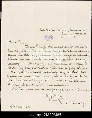 Elizabeth Clementine (Dodge) Stedman Kinney, Park House, Newark., lettre autographe signée à R. W. Griswold, 30 janvier 1850, littérature américaine, 19th Century, Histoire et critique, auteurs, American, 19th Century, correspondance, auteurs et éditeurs, Poets, American, 19th Century, Correspondence, Osgood, Frances Sargent, 1811-1850. Papiers Rufus W. Griswold Banque D'Images