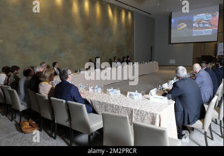L'illustration montre une réunion sur le meilleur de la technologie sportive belge des solutions innovantes dans le cadre de l'organisation de la coupe du monde de la FIFA 2026, le lundi 18 février 2019, deuxième jour d'une mission économique belge au Mexique. Plusieurs ministres fédéraux et régionaux accompagnent la princesse dans une mission économique au Mexique du 17 au 24 février. BELGA PHOTO ERIC LALMAND Banque D'Images
