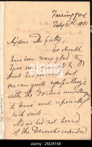 Emily Tennyson lettre autographe signée à Dr. Gatty, Farringford, [Isle of Wight], 21 février 1861 , épouses des auteurs, Grande-Bretagne, correspondance, familles, Grande-Bretagne, vie sociale et coutumes, 19th siècle, Poets, Anglais, 19th siècle, Relations familiales Banque D'Images