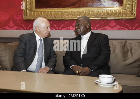 Senate chairman Jacques Brotchi and Congolese Cardinal Laurent Monsengwo pictured during a meeting at the senate at the federal parliament in Brussels, Monday 25 February 2019. BELGA PHOTO THIERRY ROGE Stock Photo