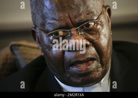 Le cardinal congolais Laurent Monsengwo en photo lors d'une réunion au sénat au Parlement fédéral à Bruxelles, le lundi 25 février 2019. BELGA PHOTO THIERRY ROGE Banque D'Images