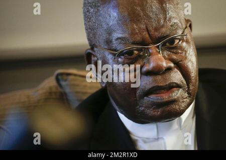 Le cardinal congolais Laurent Monsengwo en photo lors d'une réunion au sénat au Parlement fédéral à Bruxelles, le lundi 25 février 2019. BELGA PHOTO THIERRY ROGE Banque D'Images