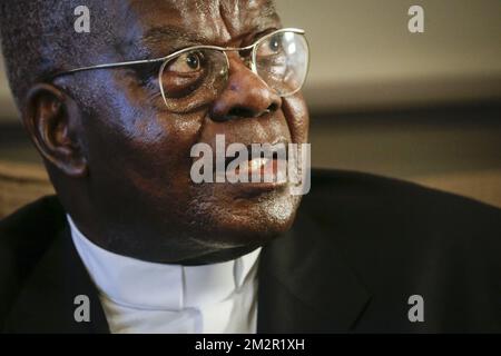 Le cardinal congolais Laurent Monsengwo en photo lors d'une réunion au sénat au Parlement fédéral à Bruxelles, le lundi 25 février 2019. BELGA PHOTO THIERRY ROGE Banque D'Images