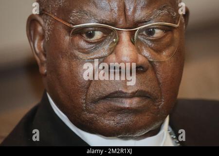 Le cardinal congolais Laurent Monsengwo en photo lors d'une réunion au sénat au Parlement fédéral à Bruxelles, le lundi 25 février 2019. BELGA PHOTO THIERRY ROGE Banque D'Images