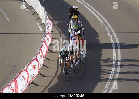 (De l'avant vers l'arrière) Allemand Emanuel Buchmann de Bora-Hansgrohe, Espagnol Alejandro Valverde de Movistar Team, slovène Primoz Rogall de Team Jumbo-Visma et Français David Gaudu de Groupama¿FDJ photographié en action lors de la troisième étape de la course cycliste "UAE Tour" 2019, 179km de l'Université des Émirats arabes Unis à Jebel Hafeet, Jebel Hafeet, Émirats arabes Unis, mardi 26 février 2019. L'édition de cette année aura lieu du 24 février au 2 mars. BELGA PHOTO YUZURU SUNADA FRANCE OUT Banque D'Images