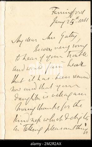 Emily Tennyson autograph letter signed to Mrs. Gatty, Farringford, [Isle of Wight], 25 January 1861 , Authors' spouses, Great Britain, Correspondence, Families, Great Britain, Social life and customs, 19th century, Poets, English, 19th century, Family relationships Stock Photo