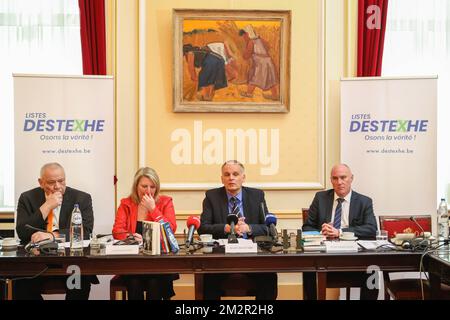Benoit Legros, Laurence Genot, le sénateur Alain Destexhe et André-Pierre Puget photographiés lors d'une conférence de presse pour annoncer que Destexhe quitte son parti, MR libéraux francophones pour créer son propre parti appelé - LISTES DESTEXHE à Bruxelles et en Wallonie, en prévision des élections fédérales de mai prochain en Belgique, le mercredi 20 février 2019. BELGA PHOTO PAUL-HENRI VERLOOY Banque D'Images
