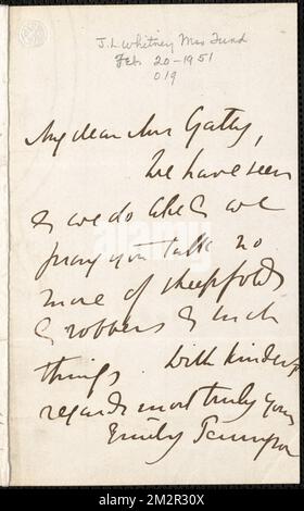 Emily Tennyson autograph letter signed to Mrs. Gatty, [Farringford, Isle of Wight], [December 1858?] , Authors' spouses, Great Britain, Correspondence, Families, Great Britain, Social life and customs, 19th century, Poets, English, 19th century, Family relationships Stock Photo