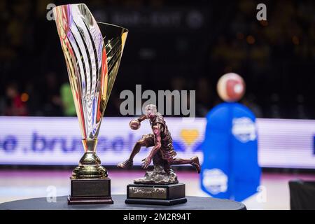 L'illustration montre les trophées du match de basket-ball entre BC Ostende et Anvers Giants, la finale de la coupe belge, dimanche 10 mars 2019 à Bruxelles. BELGA PHOTO LAURIE DIEFFEMBACQ Banque D'Images