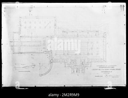 Engineering Plans, Distribution Department, Chestnut Hill Low Service Pumping Station, foundation plan, Sheet A, Brighton, Mass., Jul. 30, 1898 , waterworks, pumping stations, engineering maps Stock Photo