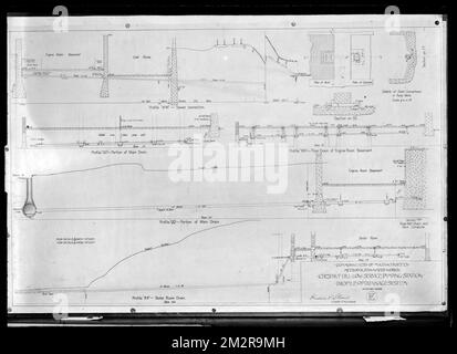 Engineering Plans, Distribution Department, Chestnut Hill Low Service Pumping Station, profile of drainage system, Sheet E, Brighton, Mass., Jul. 30, 1898 , waterworks, pumping stations, engineering maps Stock Photo