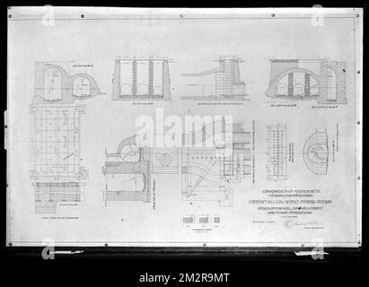 Engineering Plans, Distribution Department, Chestnut Hill Low Service Pumping Station, details of pump well, pump well conduit and engine foundations, Sheet C, Brighton, Mass., Jul. 30, 1898 , waterworks, pumping stations, engineering maps Stock Photo