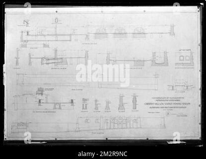 Plans d'ingénierie, Département de la distribution, station de pompage à faible service de Chestnut Hill, élévations et sections de fondations, feuille B, Brighton, Mass., juillet 30, 1898 , travaux d'eau, stations de pompage, cartes techniques Banque D'Images