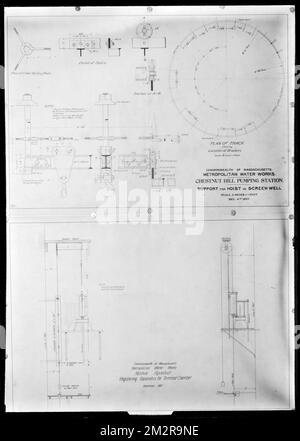 Engineering Plans, Distribution Department; Wachusett Aqueduct, Chestnut Hill High Service Pumping Station, support for hoist in screen well; registering apparatus for Terminal Chamber, Brighton; Marlborough, Mass., Dec. 1897 , waterworks, pumping stations, engineering maps Stock Photo