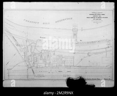 Plans d'ingénierie, Département de la distribution, station de pompage et terrain de service de Chestnut Hill, tuyauterie et drains, ACC. Non B3605, Brighton, Mass., 1901 , travaux d'eau, cartes techniques Banque D'Images