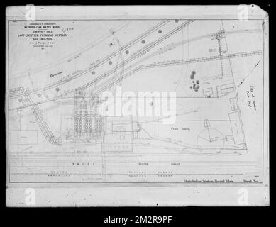 Plans d'ingénierie, Département de la distribution, station de pompage et terrains de faible service de Chestnut Hill, tuyauterie et drains, ACC. Non B3603, Brighton, Mass., 1906 , travaux d'eau, cartes techniques Banque D'Images