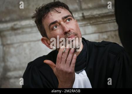 L'avocat Sébastien Courtoy, défendant Mehdi Nemmauche, photographié en dehors de la session de l'annonce des sanctions au procès pour l'attentat terroriste au Musée juif de Bruxelles, au Palais de Justice de Bruxelles, lundi 11 mars 2019. Nemmauche et Bendrer sont accusés d'avoir commis un attentat terroriste le 24 mai 2014 au Musée juif de Bruxelles, tuant quatre personnes. BELGA PHOTO THIERRY ROGE Banque D'Images