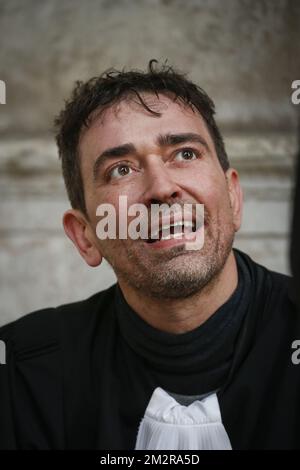 L'avocat Sébastien Courtoy, défendant Mehdi Nemmauche, photographié en dehors de la session de l'annonce des sanctions au procès pour l'attentat terroriste au Musée juif de Bruxelles, au Palais de Justice de Bruxelles, lundi 11 mars 2019. Nemmauche et Bendrer sont accusés d'avoir commis un attentat terroriste le 24 mai 2014 au Musée juif de Bruxelles, tuant quatre personnes. BELGA PHOTO THIERRY ROGE Banque D'Images