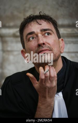 L'avocat Sébastien Courtoy, défendant Mehdi Nemmauche, photographié en dehors de la session de l'annonce des sanctions au procès pour l'attentat terroriste au Musée juif de Bruxelles, au Palais de Justice de Bruxelles, lundi 11 mars 2019. Nemmauche et Bendrer sont accusés d'avoir commis un attentat terroriste le 24 mai 2014 au Musée juif de Bruxelles, tuant quatre personnes. BELGA PHOTO THIERRY ROGE Banque D'Images