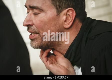 L'avocat Sébastien Courtoy, défendant Mehdi Nemmauche, photographié en dehors de la session de l'annonce des sanctions au procès pour l'attentat terroriste au Musée juif de Bruxelles, au Palais de Justice de Bruxelles, lundi 11 mars 2019. Nemmauche et Bendrer sont accusés d'avoir commis un attentat terroriste le 24 mai 2014 au Musée juif de Bruxelles, tuant quatre personnes. BELGA PHOTO THIERRY ROGE Banque D'Images