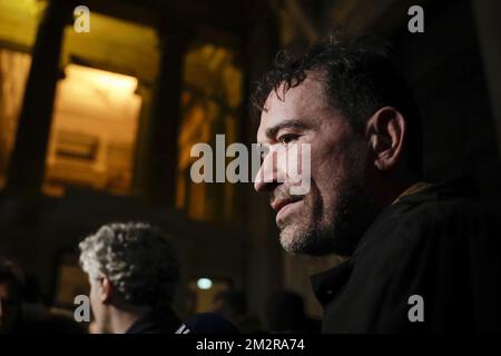 L'avocat Sébastien Courtoy, défendant Mehdi Nemmauche, photographié à la fin de la session de l'annonce des sanctions au procès pour l'attentat terroriste au Musée juif de Bruxelles, au Palais de Justice de Bruxelles, lundi 11 mars 2019. Nemmauche et Bendrer sont accusés d'avoir commis un attentat terroriste le 24 mai 2014 au Musée juif de Bruxelles, tuant quatre personnes. BELGA PHOTO THIERRY ROGE Banque D'Images