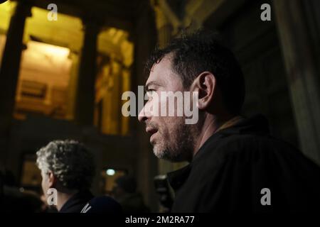 L'avocat Sébastien Courtoy, défendant Mehdi Nemmauche, photographié à la fin de la session de l'annonce des sanctions au procès pour l'attentat terroriste au Musée juif de Bruxelles, au Palais de Justice de Bruxelles, lundi 11 mars 2019. Nemmauche et Bendrer sont accusés d'avoir commis un attentat terroriste le 24 mai 2014 au Musée juif de Bruxelles, tuant quatre personnes. BELGA PHOTO THIERRY ROGE Banque D'Images