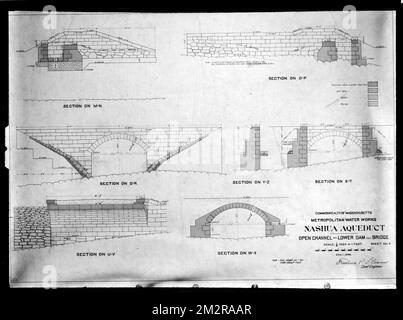 Plans d'ingénierie, aqueduc de Wachusett, chenal ouvert, barrage et pont inférieur, feuille no 2, Southborough, Mass., décembre 1, 1898 , travaux d'eau, aqueducs, cartes d'ingénierie Banque D'Images