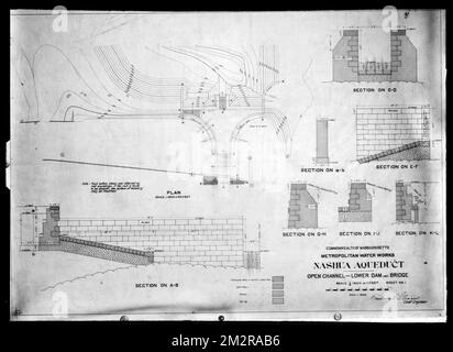 Plans d'ingénierie, aqueduc de Wachusett, chenal ouvert, barrage et pont inférieur, feuille no 1, Southborough, Mass., décembre 1, 1898 , travaux d'eau, aqueducs, cartes d'ingénierie Banque D'Images