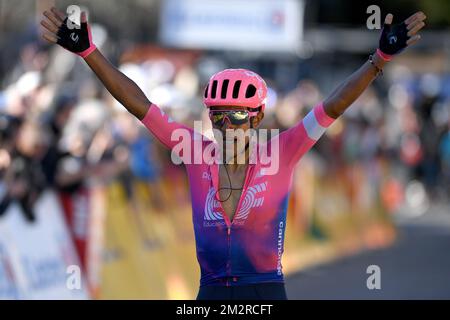 Colombien Daniel Felipe Martinez de EF Education First Pro Cycling fête alors qu'il franchit la ligne d'arrivée pour gagner la septième étape de l'édition 77th de la course cycliste Paris-Nice, 181,5km de Nice au Col de Turini, France, samedi 16 mars 2019. La course commence le 10th et se termine le 17th mars. BELGA PHOTO DAVID STOCKMAN Banque D'Images