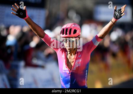 Colombien Daniel Felipe Martinez de EF Education First Pro Cycling fête alors qu'il franchit la ligne d'arrivée pour gagner la septième étape de l'édition 77th de la course cycliste Paris-Nice, 181,5km de Nice au Col de Turini, France, samedi 16 mars 2019. La course commence le 10th et se termine le 17th mars. BELGA PHOTO DAVID STOCKMAN Banque D'Images