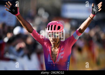 Colombien Daniel Felipe Martinez de EF Education First Pro Cycling fête alors qu'il franchit la ligne d'arrivée pour gagner la septième étape de l'édition 77th de la course cycliste Paris-Nice, 181,5km de Nice au Col de Turini, France, samedi 16 mars 2019. La course commence le 10th et se termine le 17th mars. BELGA PHOTO DAVID STOCKMAN Banque D'Images