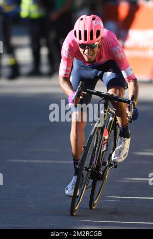 Colombien Daniel Felipe Martinez de EF Education First Pro Cycling fête alors qu'il franchit la ligne d'arrivée pour gagner la septième étape de l'édition 77th de la course cycliste Paris-Nice, 181,5km de Nice au Col de Turini, France, samedi 16 mars 2019. La course commence le 10th et se termine le 17th mars. BELGA PHOTO DAVID STOCKMAN Banque D'Images