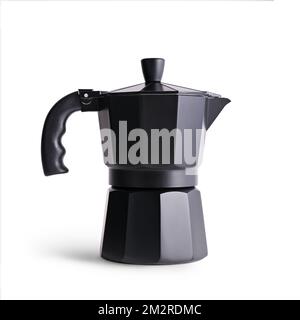 Cafetière geyser noire pour un espresso matinal sur fond blanc isolé Banque D'Images