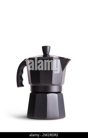 Cafetière geyser noire pour un espresso matinal sur fond blanc isolé Banque D'Images